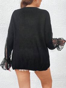 Calvaya Talla grande Jersey con encaje en contraste de manga con volante tejido de canalé de hombros caídos - Negro - Ver 2