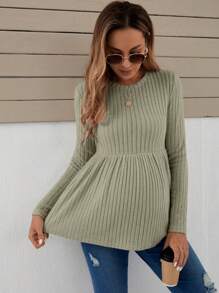 SHEIN 孕婦條紋針織荷葉邊下擺T恤 - 薄荷綠 - 查看 4