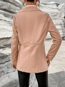 SHEIN Privé Lapel Neck Single Button PU Blazer - Apricot - View 2