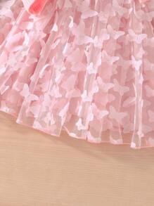 SHEIN Young Girl Butterfly Appliques Ruffle Trim Mesh Hem Dress - Pink - View 5