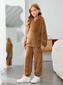 SHEIN Cô gái Tween Thư được vá Flannel Áo Hoodie & Quần - màu nâu - Xem 4