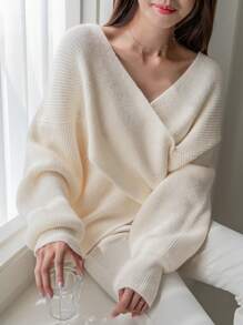 DAZY Solid Drop Shoulder Wrap Sweater,Fall Clothes - White - View 1