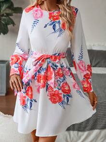 SHEIN Clasi 印花繫腰帶洋裝 - 白色 - 查看 6