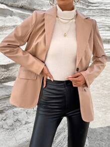 SHEIN Privé Lapel Neck Single Button PU Blazer - Apricot - View 6