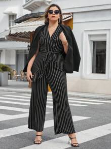 SHEIN Privé Plus Striped Print Belted Wide Leg Jumpsuit