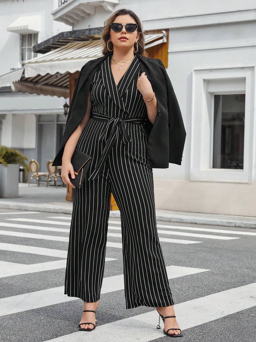 SHEIN Privé Plus Striped Print Belted Wide Leg Jumpsuit