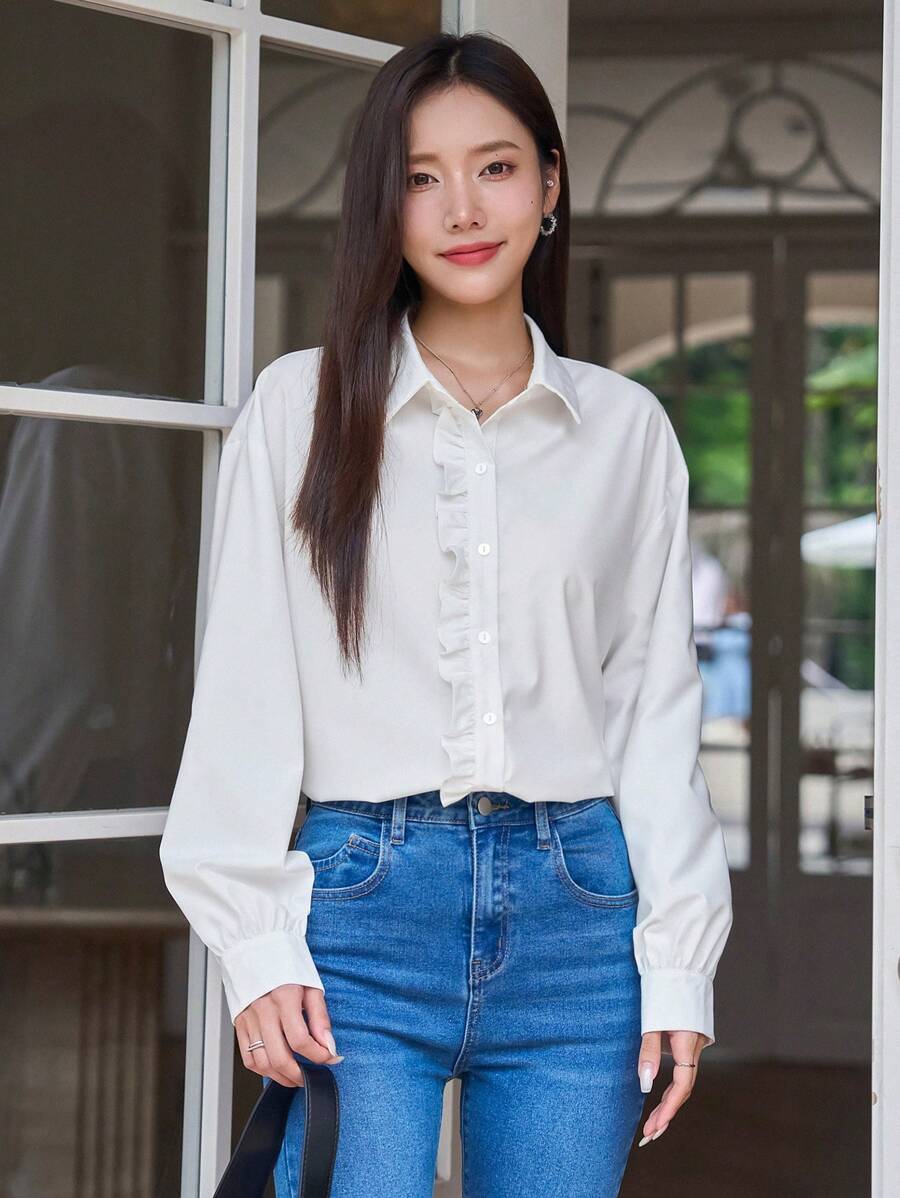 DAZY 素色荷葉邊前紐扣襯衫 - 白色 - 查看 1