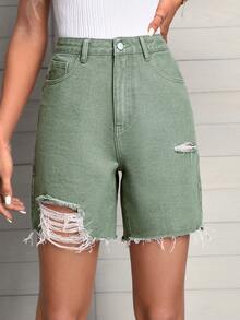 SHEIN EZwear Ripped Raw Hem Denim Shorts - Olive Green - View 3