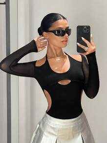 SHEIN ICON 黑色露背連身衣，綁帶開叉設計 - 黑色 - 查看 5