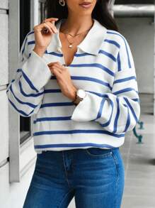 RueChic Striped Pattern Drop Shoulder Sweater - Blue - View 1