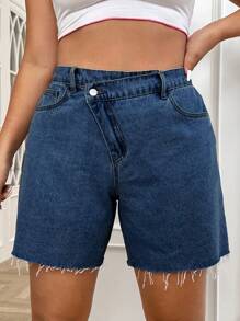 SHEIN 大碼高腰毛邊牛仔短褲 - 深色水洗藍 - 查看 1