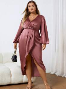 SHEIN Clasi Plus Lantern Sleeve Wrap Hem Dress - Brown - View 5