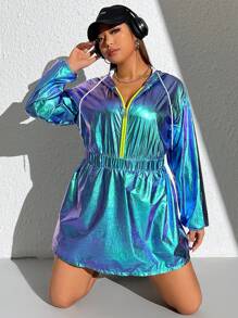 SHEIN ICON 大碼鐳射抽繩落肩袖連帽洋裝 - 彩色 - 查看 6