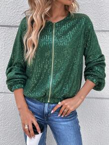 SHEIN Frenchy Dây kéo Kim sa Áo khoác - màu đen - Xem 6