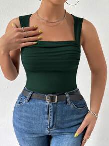 Calvaya Plus Solid Ruched Tank Top - Dark Green - View 3