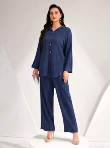 Mulvari Plus Solid Button Front Shirt & Pants - Navy Blue - View 1