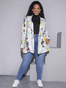 SHEIN CURVE+ 大碼塗鴉圖案西裝領西裝外套 - 彩色 - 查看 3