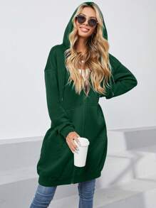 INAWLY Zip Up Drop Shoulder Drawstring Thermal Lined Hoodie - Green - View 3