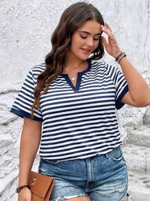 SHEIN LUNE Plus Striped Notched Neckline Contrast Binding Tee, Summer