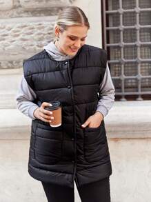 RueChic Plus Button Front Puffer Vest Coat - Black - View 3