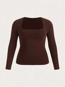 SHEIN BASICS Talla grande Camiseta de cuello cuadrado tejido de canalé - Marrón Chocolate - Ver 1