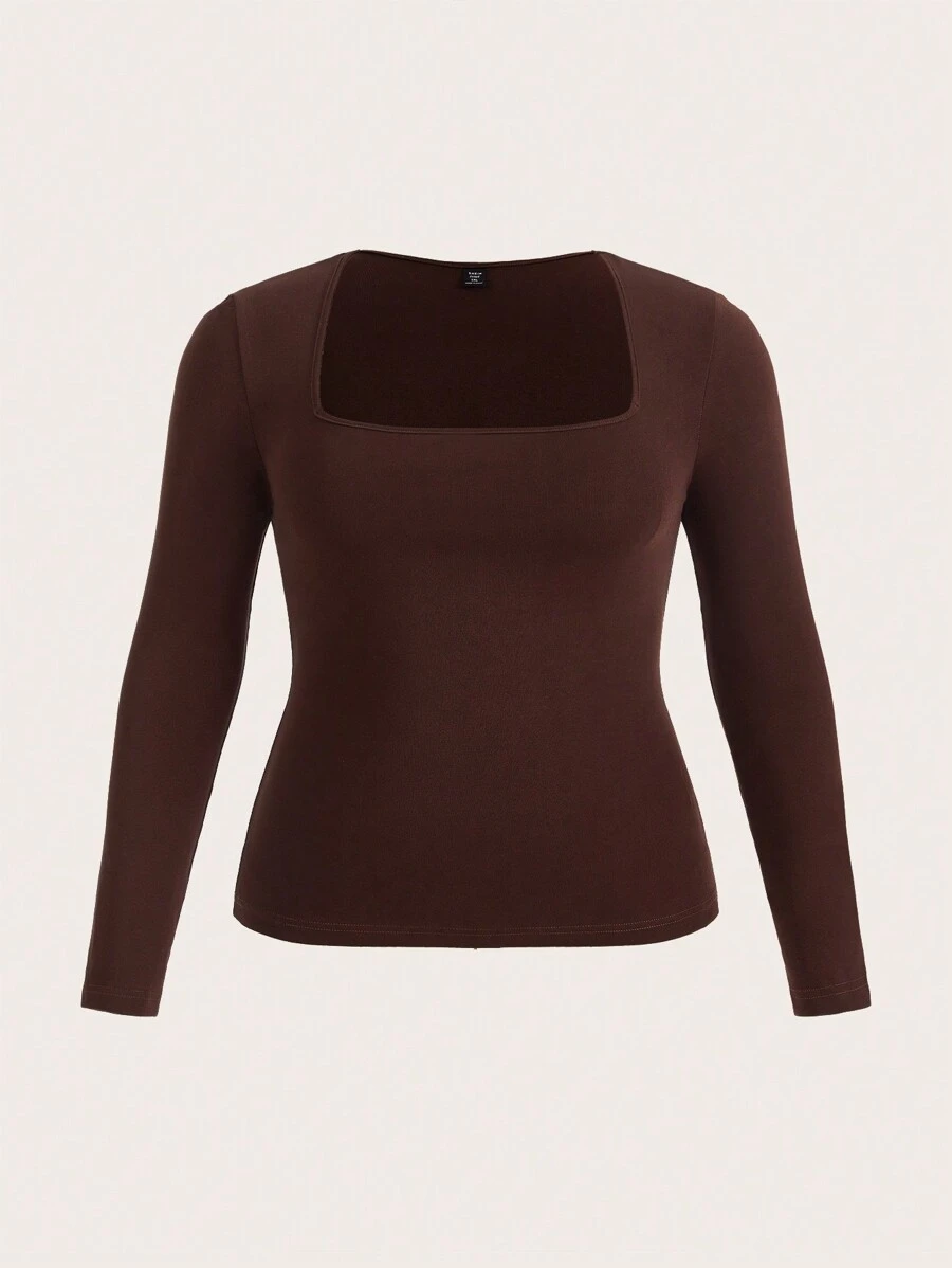SHEIN BASICS Talla grande Camiseta de cuello cuadrado tejido de canalé - Marrón Chocolate - Ver 1