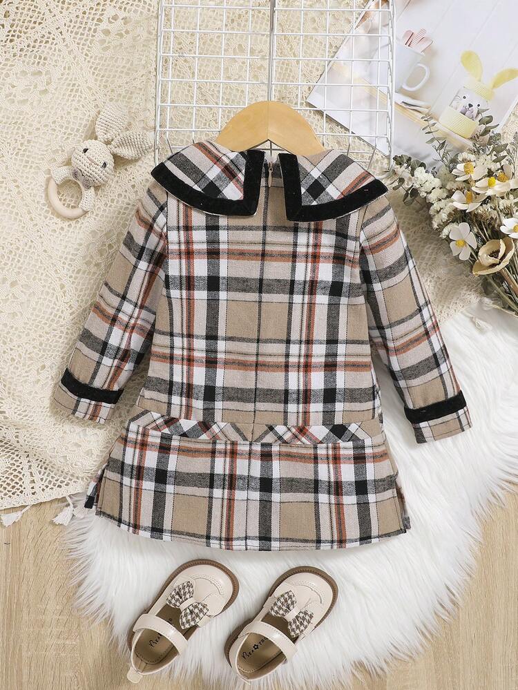 Baby Girl Vintage Peter Pan Collar Grid Patterned Long Sleeve Dress With Bowknot Decoration