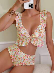 Swim Mod Summer Beach Ditsy Floral Ruffle Trim Bikini Set - Multicolor - View 1