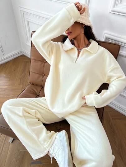 EURMUSE SHEI Petite Size 2pcs/Set Solid Color Plush Half-Zip Long Sleeve Top And Long Pants Casual Outfit