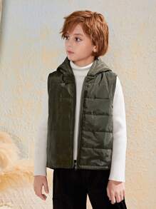 SHEIN Tween Boy 1 件恐龙图案贴片细节连帽背心加厚外套 - 軍綠色 - 查看 2