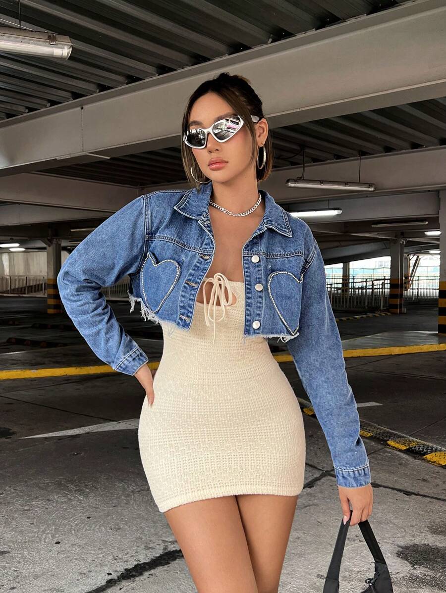 SHEIN ICON Heart Rhinestone Pocket Raw Hem Crop Denim Jacket, Fall Women Clothes - Medium Wash - View 1