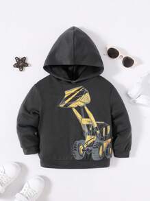 SHEIN Jeune Garçon Sweat-shirt Loisirs Mignon Ample Unicolore Avec Imprimé Excavatrice Pour Style De Rue , Automne/Hiver
