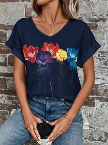 EMERY ROSE Floral Print Batwing Sleeve Blouse - Navy Blue - View 6