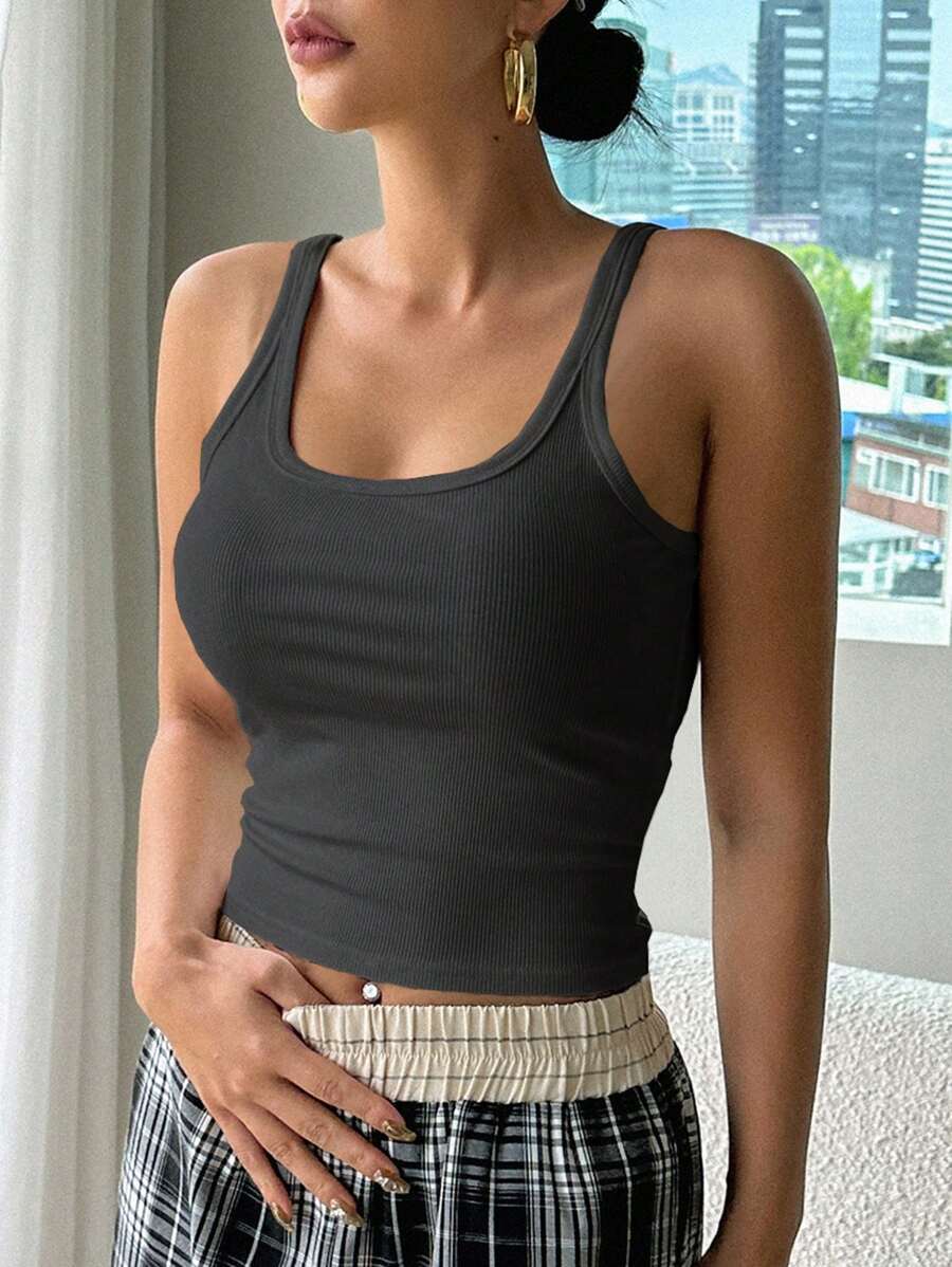 DAZY Solid Ribbed Knit Tank Top - Dark Grey - View 1