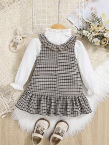 SHEIN Đứa bé gái Cổ diềm tay áo lá sen Áo & In Houndstooth Xù Hoa Sen Đầm Pinafore - Nhiều màu - Xem 2