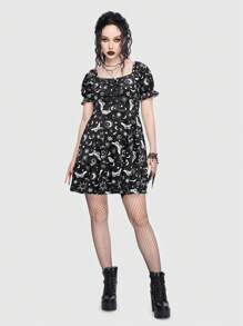 ROMWE Goth Galaxy Print Tie Front Puff Sleeve Dress - Black and White - View 7