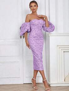 一字肩泡泡袖後背開衩花卉圖案提花洋裝 - 紫色 - 查看 5