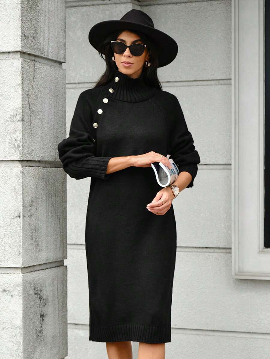 EURMUSE Women's Solid Color Button Design Turtleneck Long Sleeve Casual Knit Dress, Autumn/Winter - Black - View 1