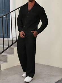 Manfinity Homme Conjunto Holgado De Camisa Y Pantalón Para Hombres, Con Botones Delanteros Y Color Sólido - Negro - Ver 3