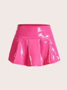 SHEIN ICON PU Leather Pleated Skirt - Hot Pink - View 1