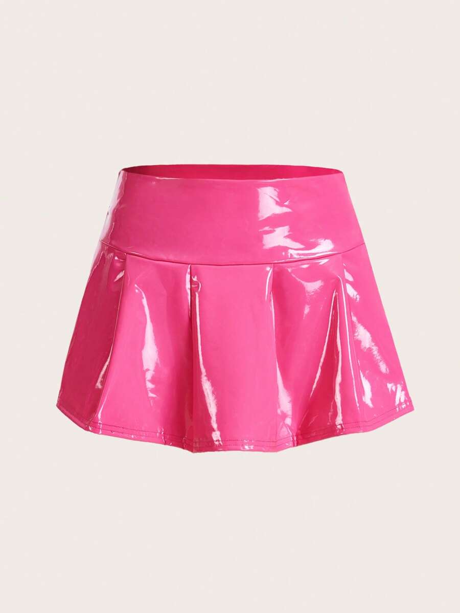 SHEIN ICON PU Leather Pleated Skirt - Hot Pink - View 1
