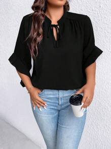 EMERY ROSE Plus Tie Neck Flounce Sleeve Blouse - Black - View 7