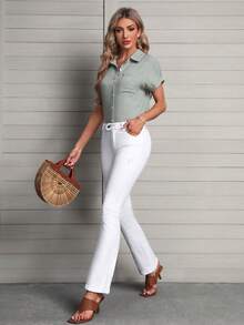 SHEIN EZwear Solid Ripped Flare Leg Jeans - White - View 3