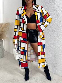 Slaydiva Abrigo con estampado geométrico de cuello con solapa - Multicolor - Ver 1