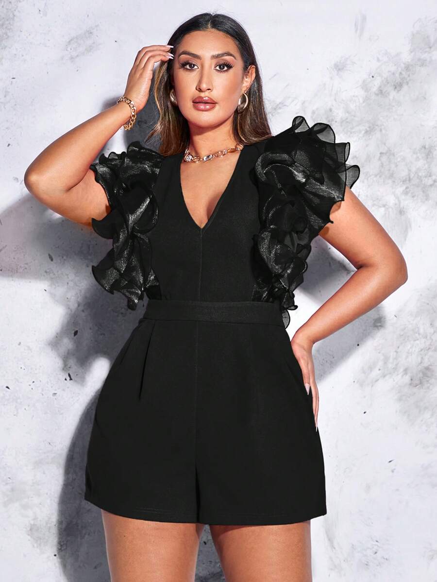 SHEIN BAE Plus Ruffle Trim Zip Back Romper - Black - View 1