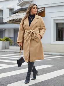 SHEIN Essnce Plus Double Breasted Belted Overcoat - Khaki - View 4