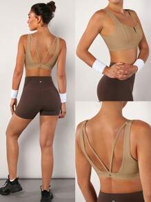 GLOWMODE Featherfit™ 極簡女士v型運動胸罩,輕鬆支撐 - 卡其色 - 查看 6