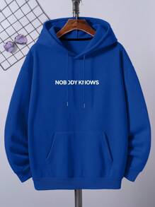 Manfinity Dauomo Men Plus Slogan Graphic Thermal Lined Hoodie - Royal Blue - View 2
