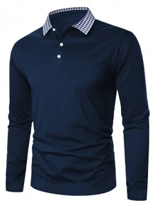 Manfinity Homme 男士撞色格子领 Polo 衫，男士海军蓝色 Polo 衫，男士深蓝色 Polo 衫，男士海军蓝色衬衫 - 藏蓝色 - 查看 5