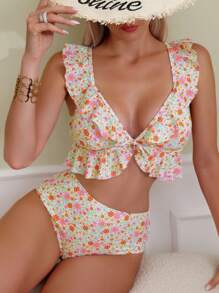 Swim Mod Summer Beach Ditsy Floral Ruffle Trim Bikini Set - Multicolor - View 4